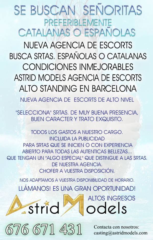 SELECCIONAMOS CHICAS PARA NUEVA AGENCIA DE ESCORTS EN BCN