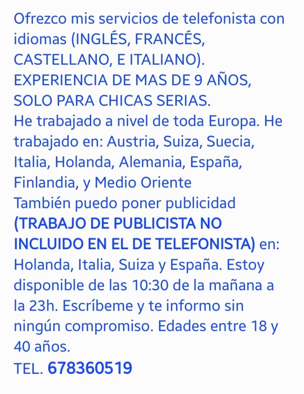 TELEFONISTA/PUBLICISTA CON IDIOMAS A NIVEL INTERNACIONAL