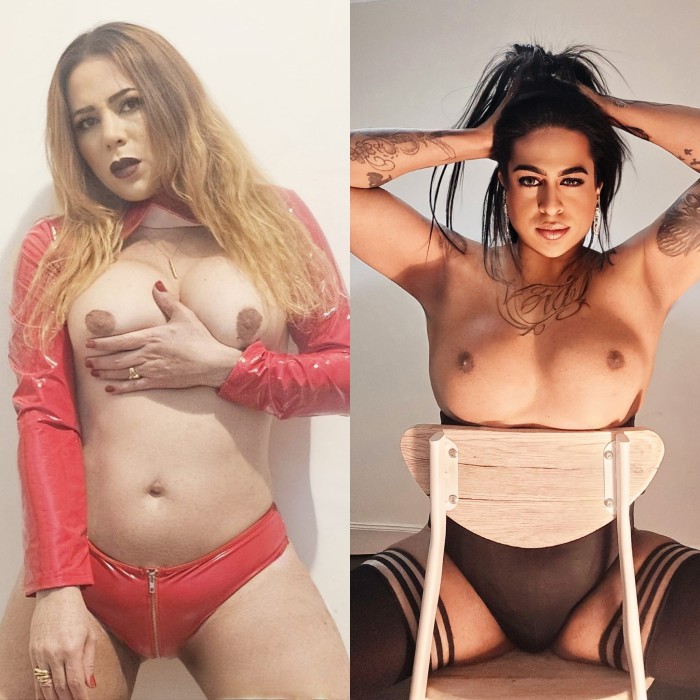 Trio dos trans rubia y morena calientes