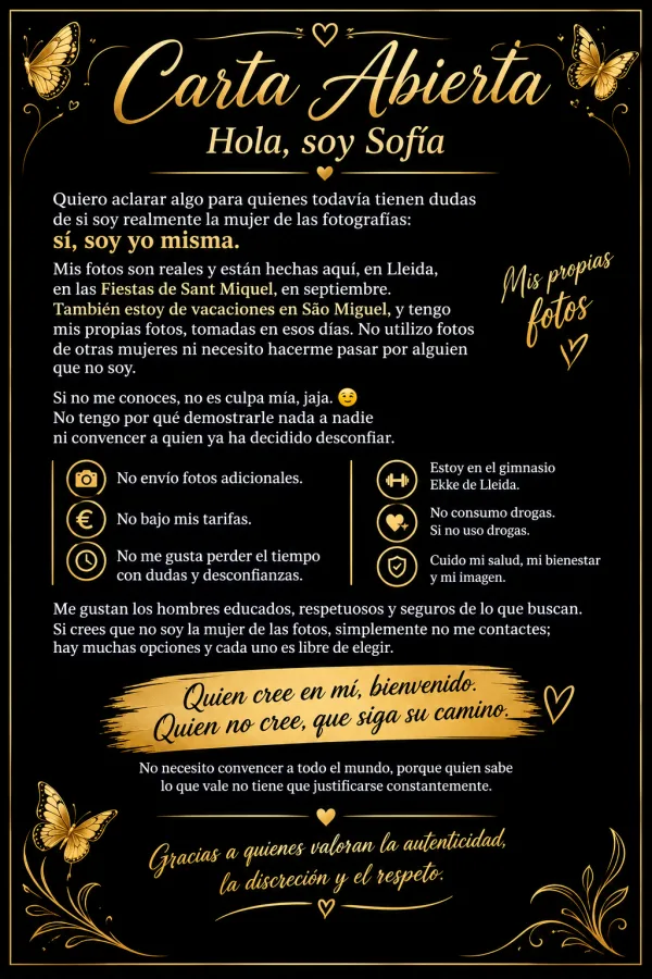 Hola, soy Sofía, una mujer encantadora, elegante y con buen gusto. .